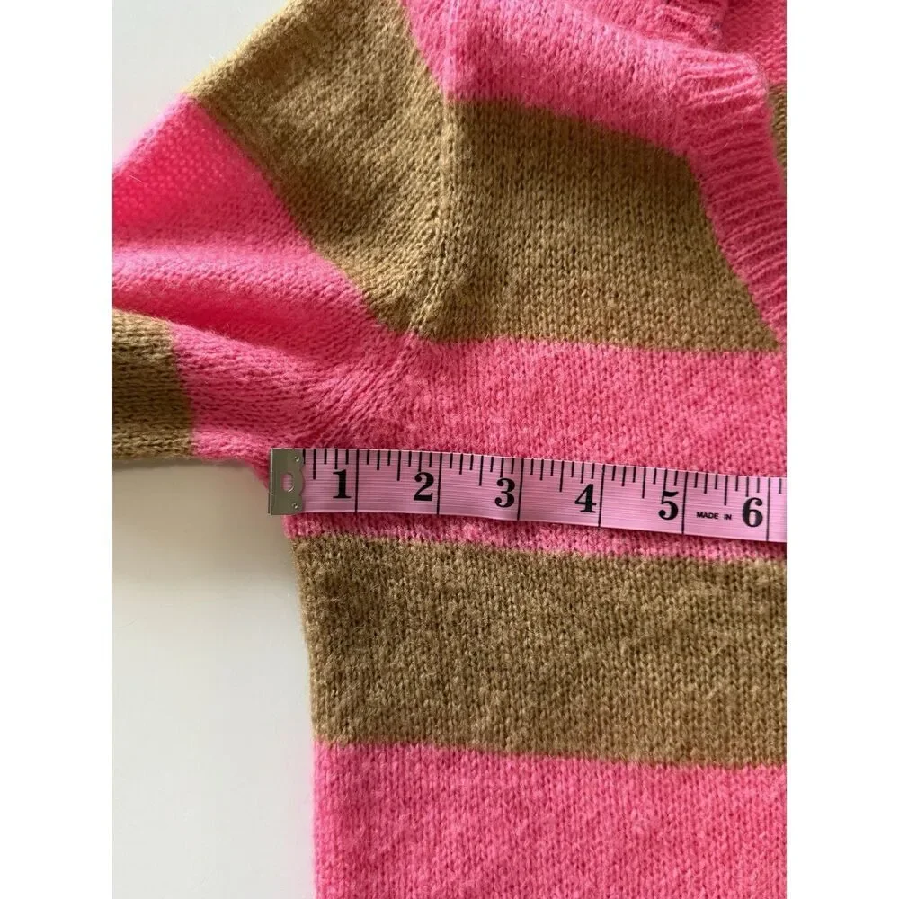 J Crew Y2K Sweater V Neck Mohair Wool Blend Pink Stripe Button Preppy Academia S